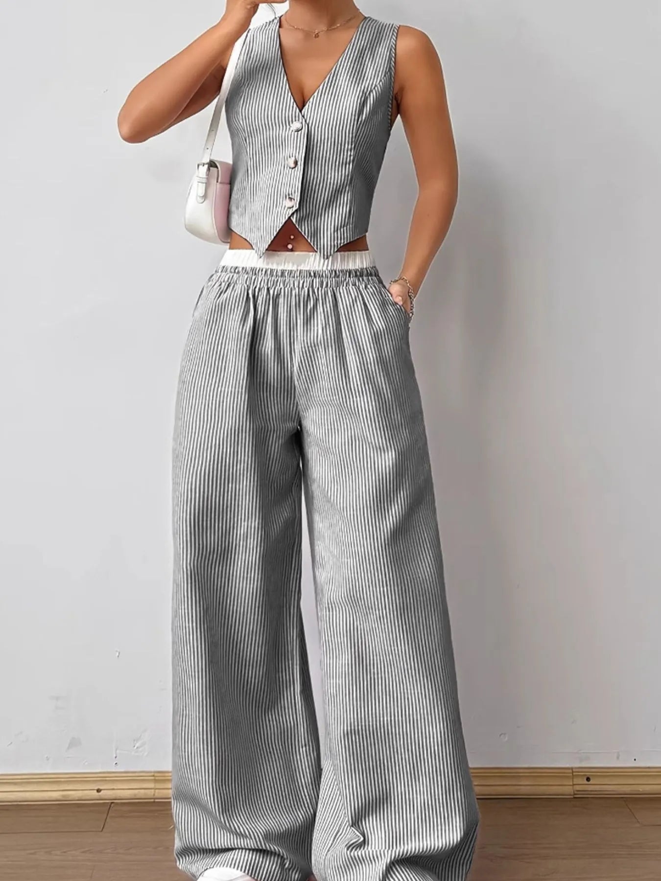 Striped Vest Top and Wide Leg Pants Two-Piece Set.