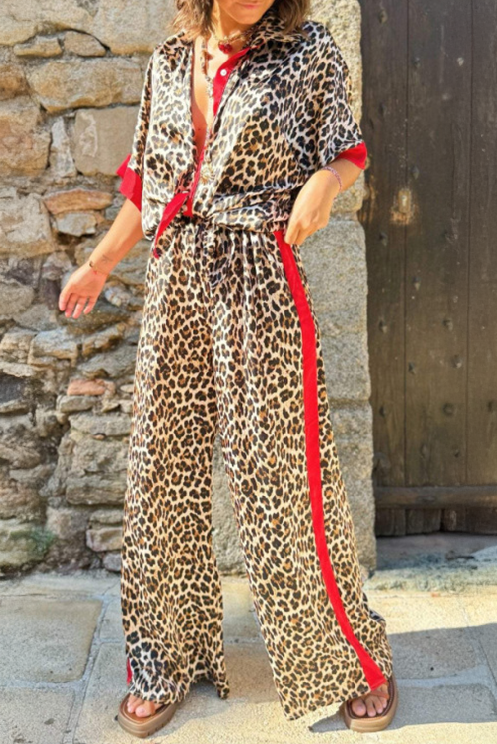 Multicolour Leopard Print Contrast Detail Short Sleeve Shirt and Loose Pants Set Dear-Lover Dropshipping