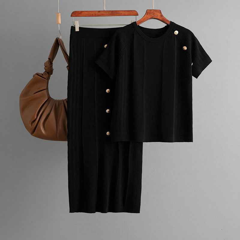Round Neck Short Sleeve Button Decorated Top Set with Elastic Solid Color Knit Skirt Two-Piece Set