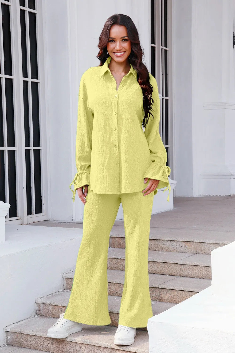 Drawstring Flounce Sleeve Shirt and Pants Set - CHIC TB