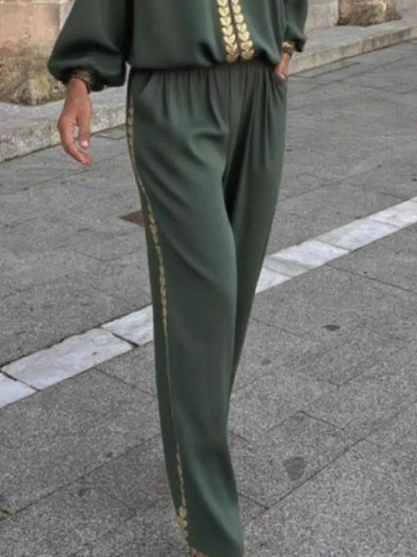 Full Size Contrast Trim V-Neck Top and Pants Set Plus Size