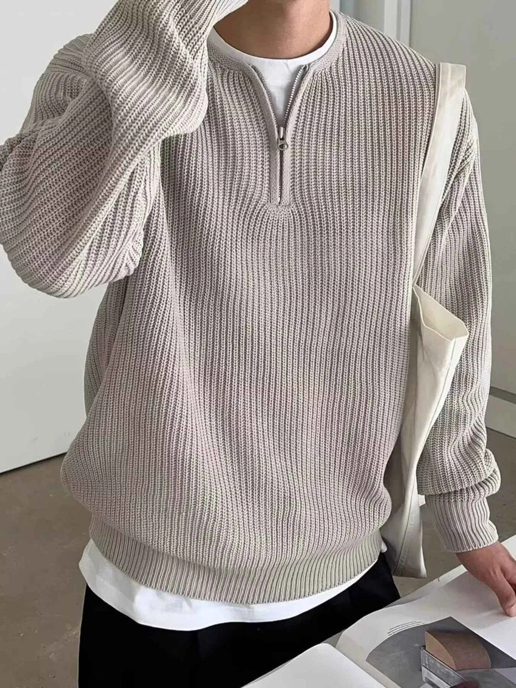 Men's Plus Size Quarter Zip Relaxed Fit Pullover Sweater
