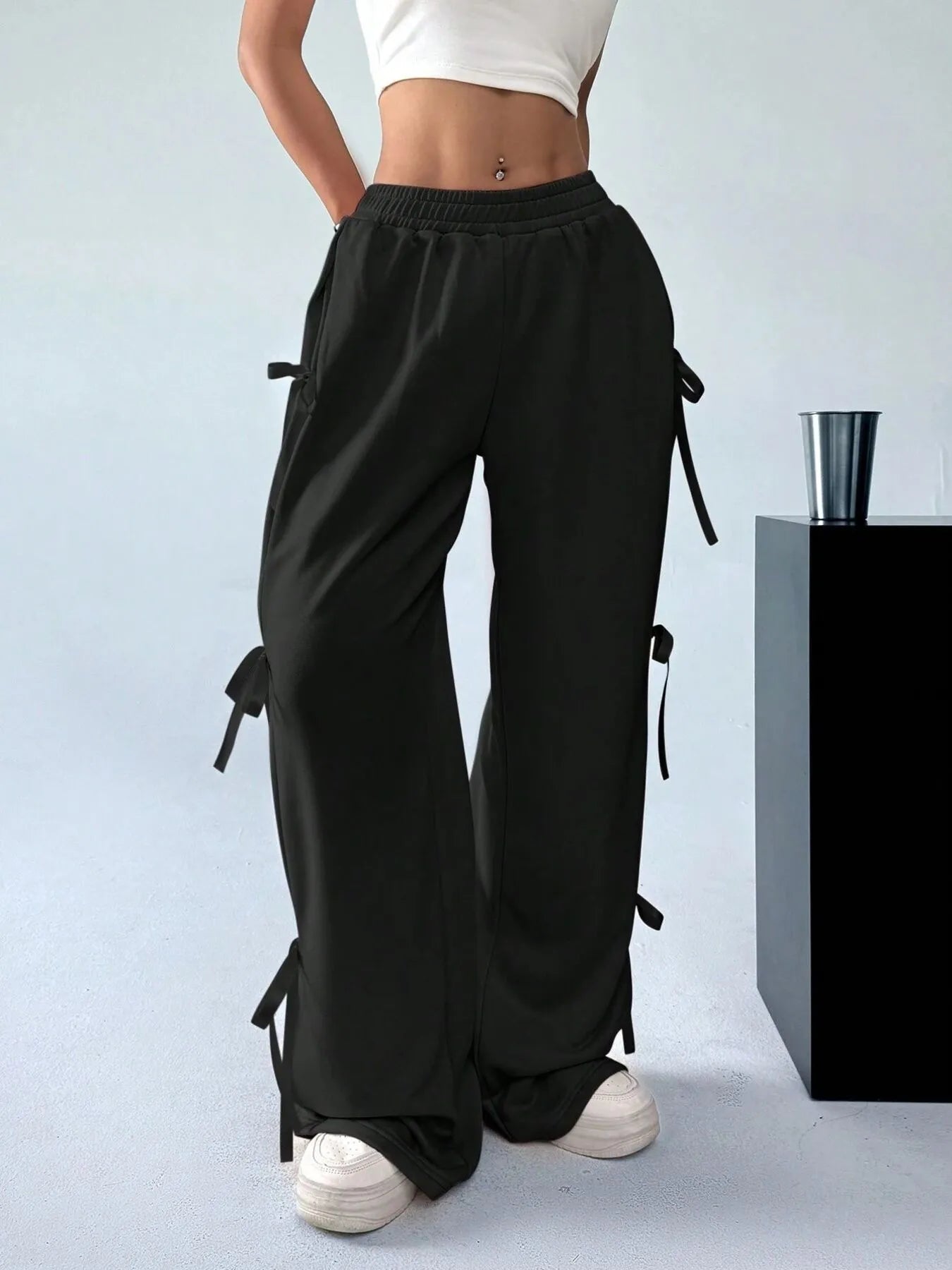 Cargo Wide Leg Pants with Side Tie Details.