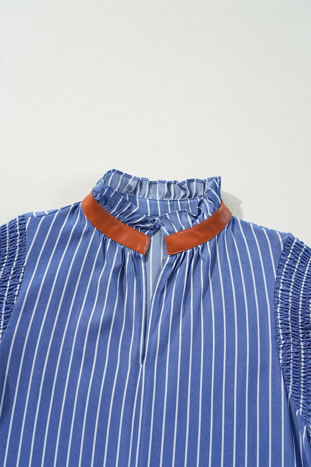 Stripe Frilly Split Neck Shirred Ruffle Sleeve Short Shift Dress.