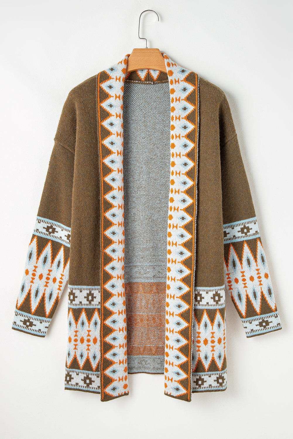 Brown Aztec Print Open Front Knitted Cardigan Dear-Lover Dropshipping