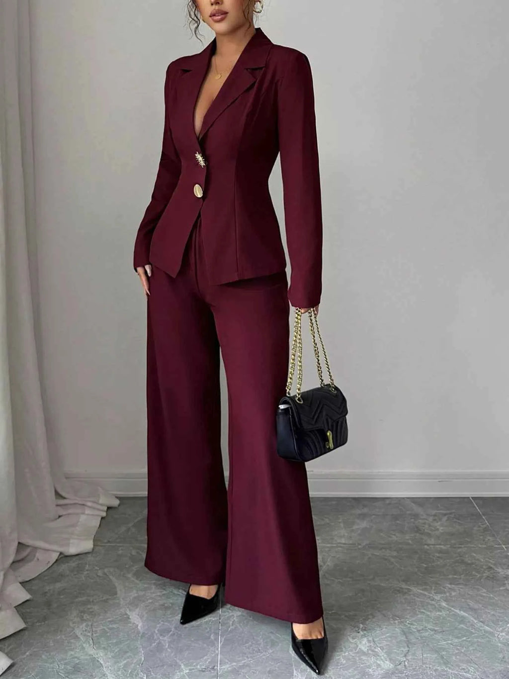 Lapel Collar Blazer & Wide Leg Pants Set
