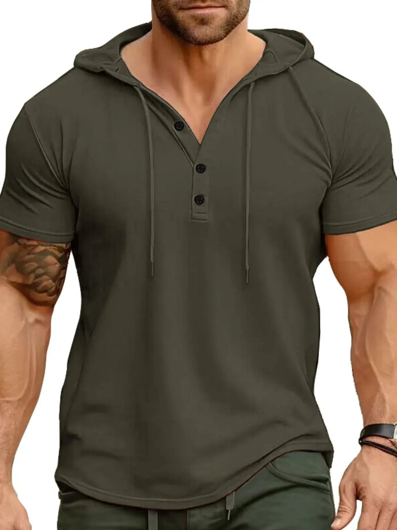 Men's Full Size Casual Hooded Henley T-Shirt Plus Size.