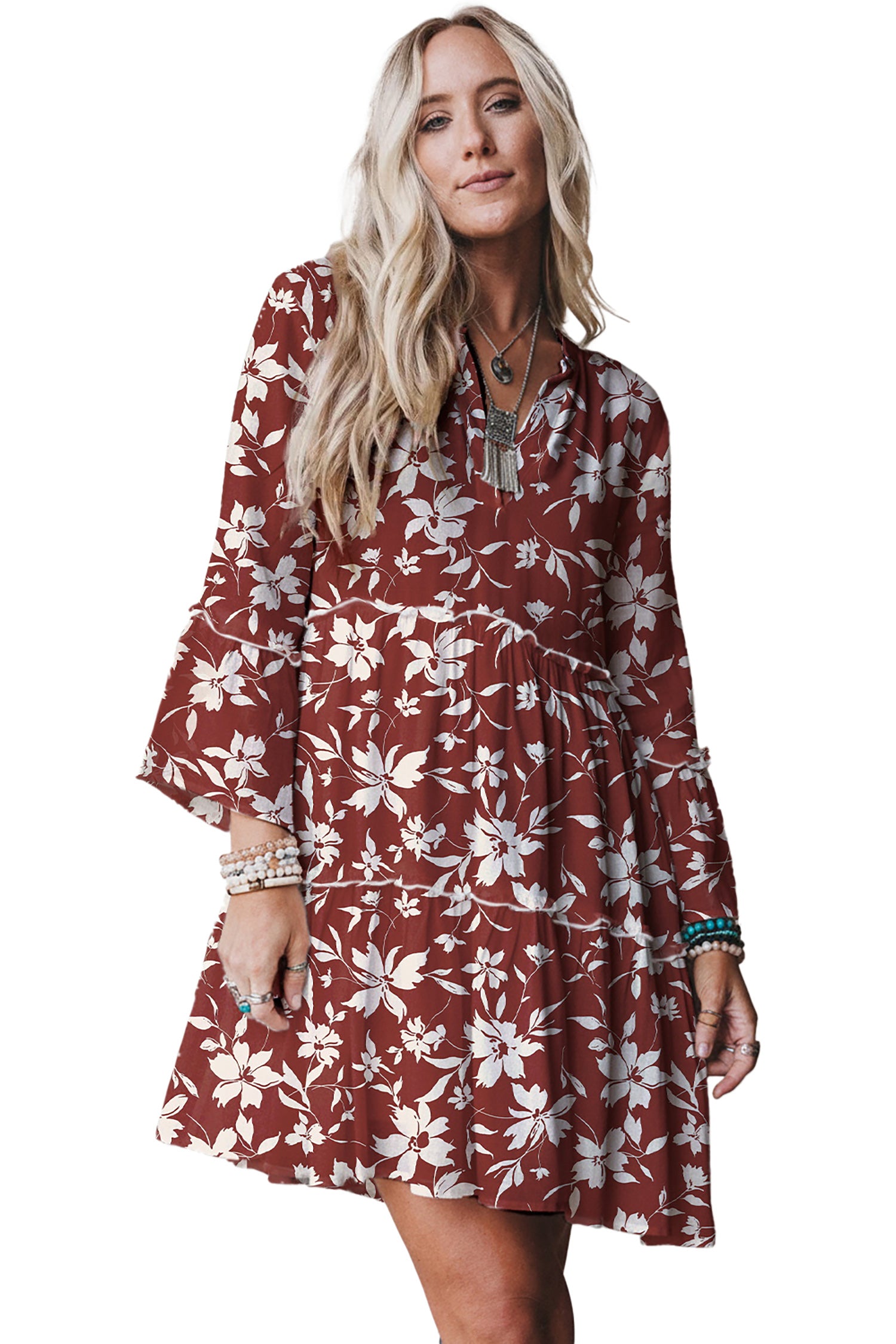 Red Boho Floral Print Lettuce Trim 3/4 Sleeve Mini Dress