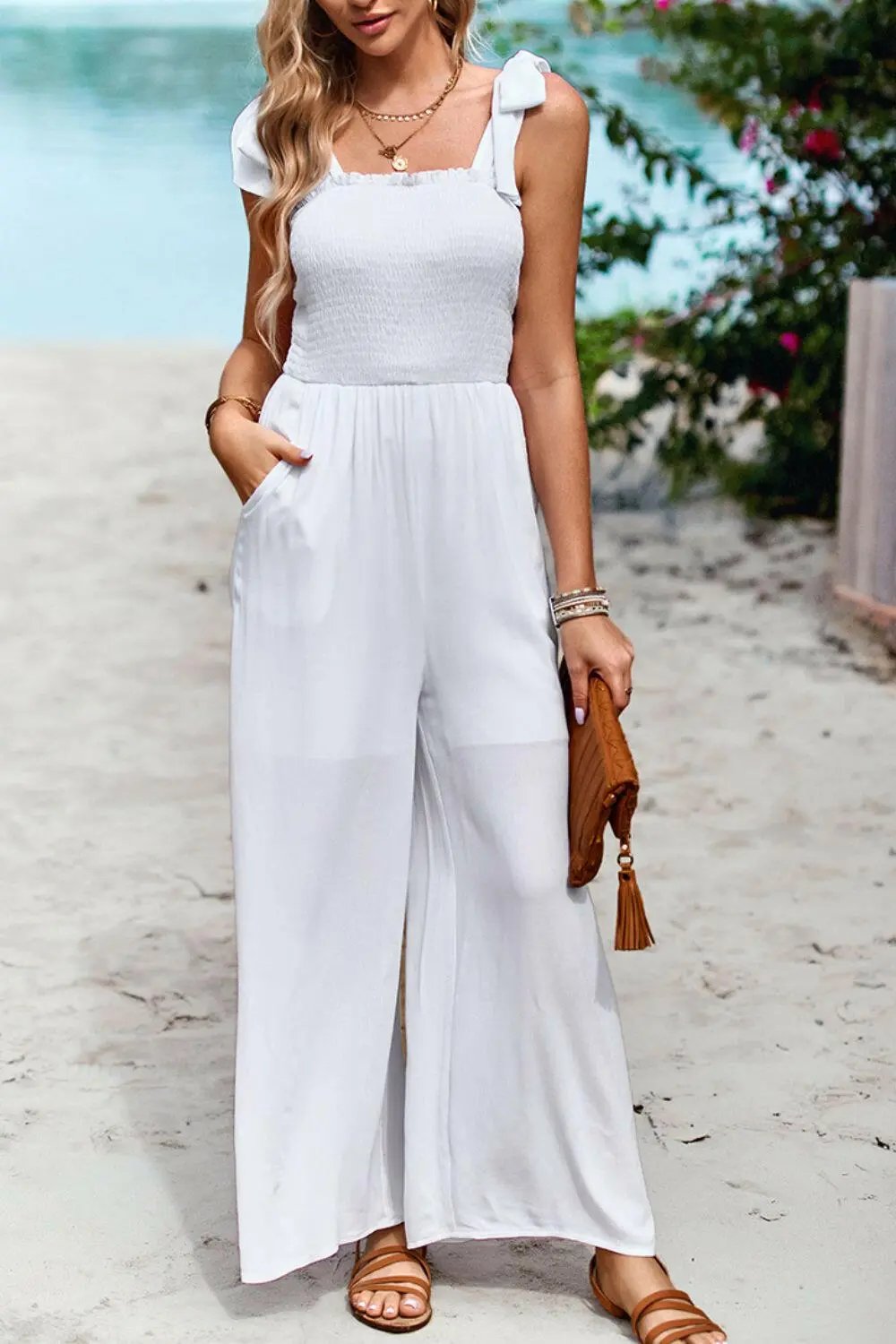 Devine Frill Trim Tie Shoulder Wide Leg Jumpsuit with Pockets.
