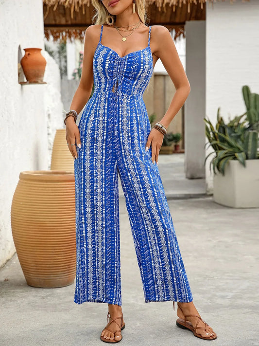 Printed Spaghetti Strap Wide Leg Jumpsuit - CHIC TB