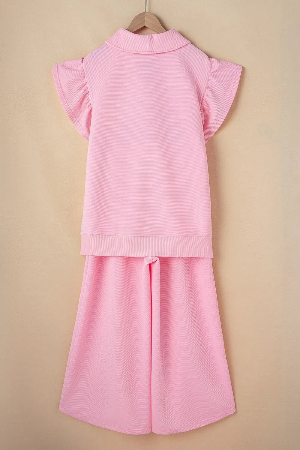 Ruffled Sleeve Zipped Top and Wide Leg Pants Set.