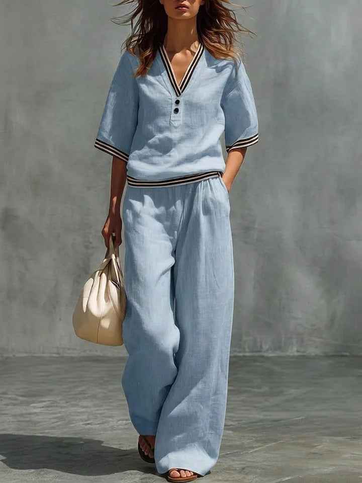 Cotton-Linen V-Neck Casual Comfortable Short-Sleeve Shirt And Pants Set