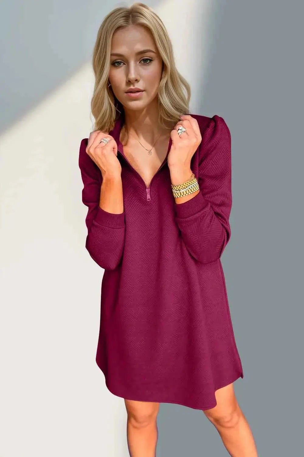 Double Take Textured Quarter Zip Long Sleeve Dress.