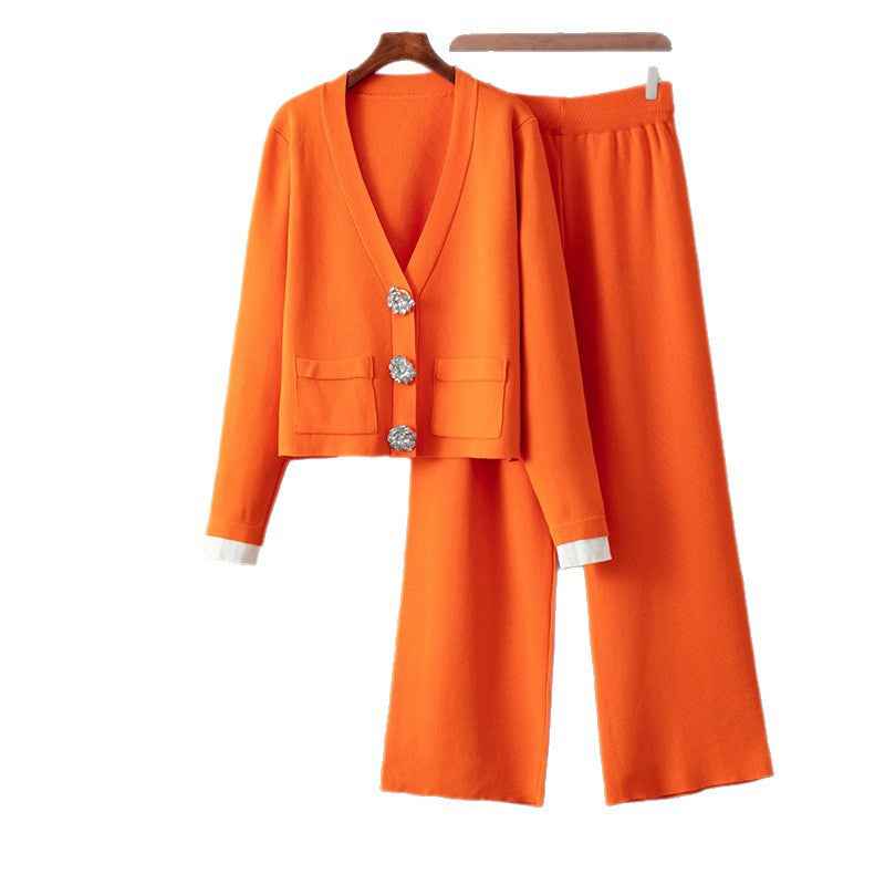 Cardigan suit sweater+slim straight leg pants two-piece set