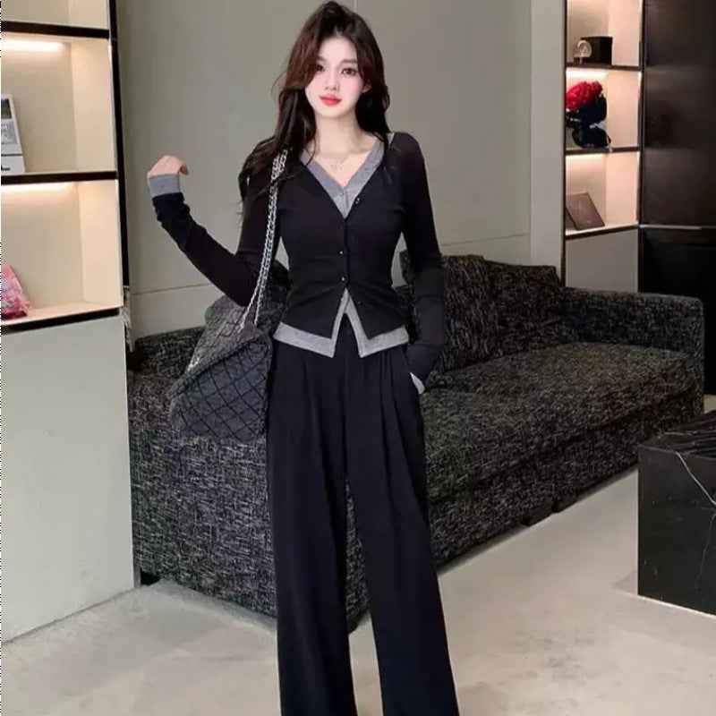 Two-Piece Set with Illusion Two-Piece Design Slimming Top + High-Waisted Slimming Wide-Leg Pants