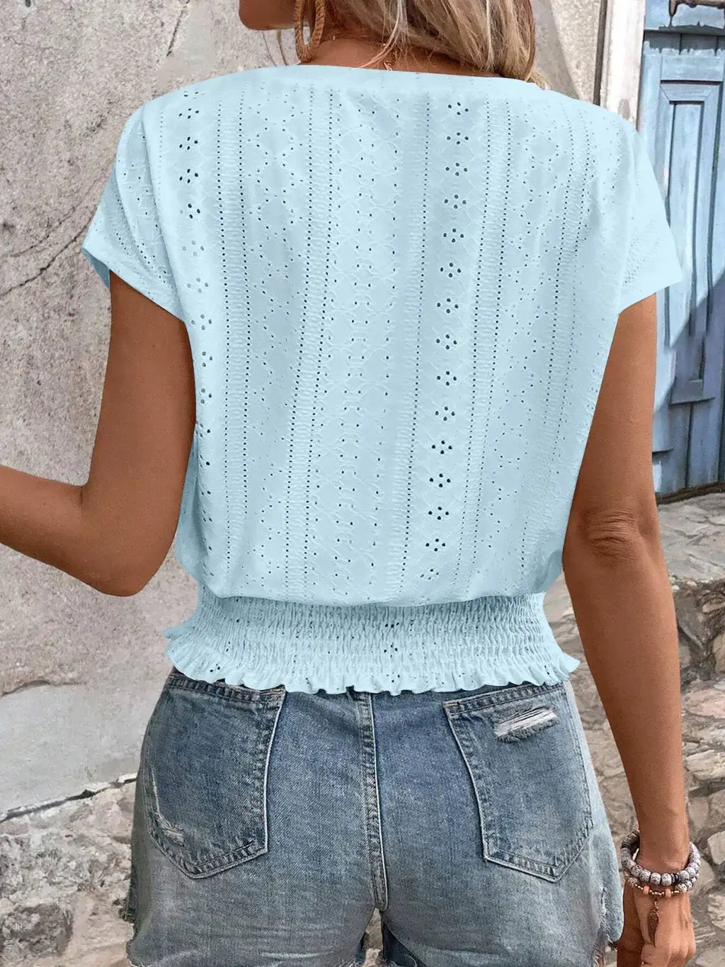 Eyelet V-Neck Short Sleeve Blouse.
