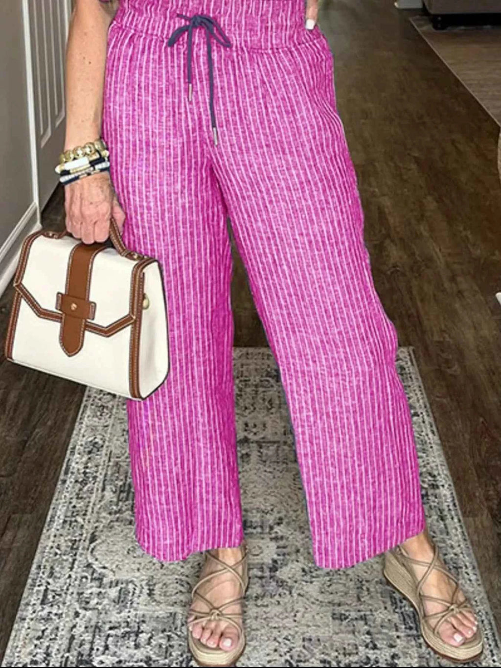 Full Size Striped Button-Up Shirt and Wide Leg Pants Casual Set Plus Size.