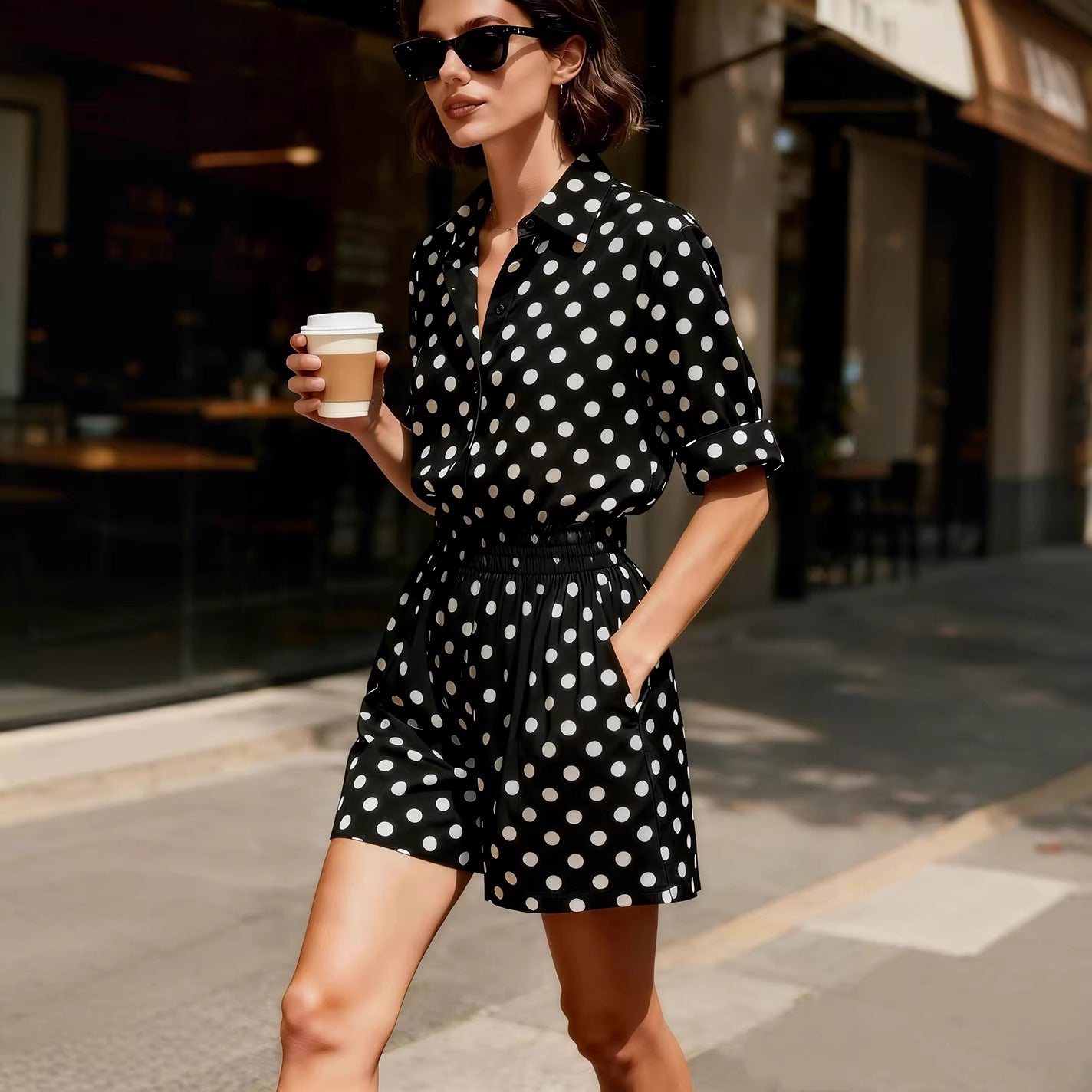 Wave dot short sleeved top and shorts set