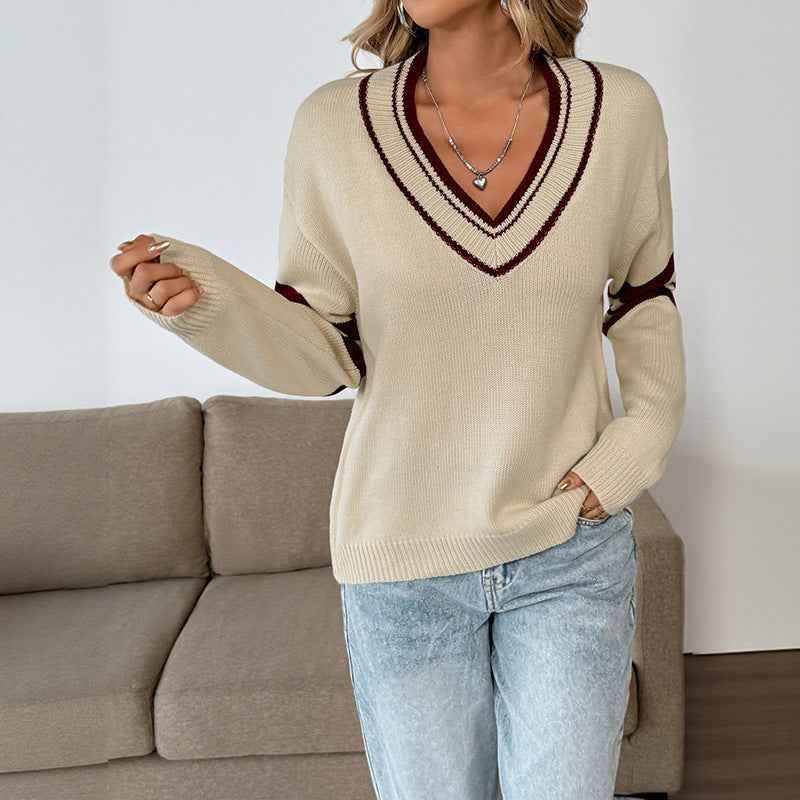 Women's loose long sleeved striped V-neck sweater
