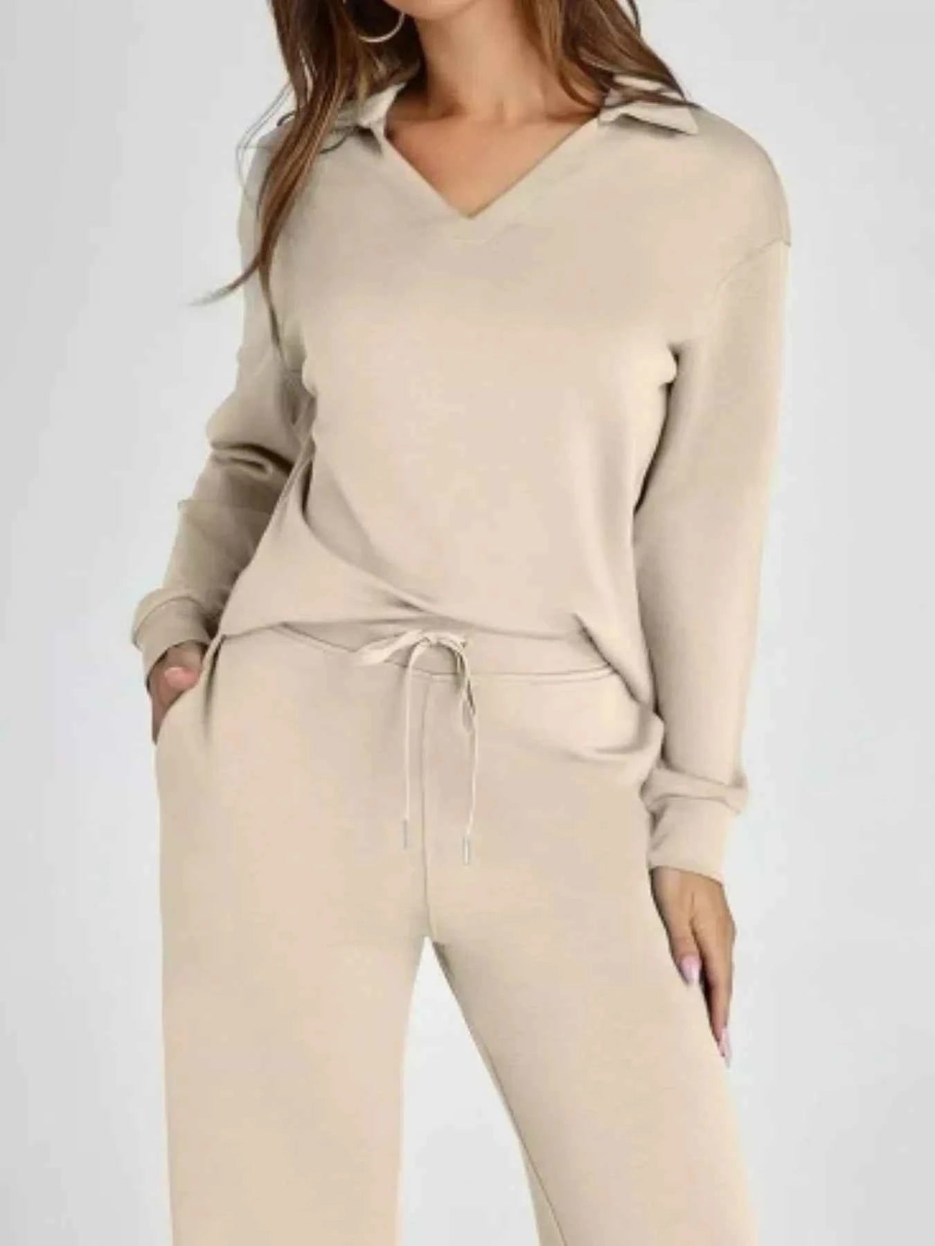 Full Size Johnny Collar Long Sleeve Top and Pants Plus Size