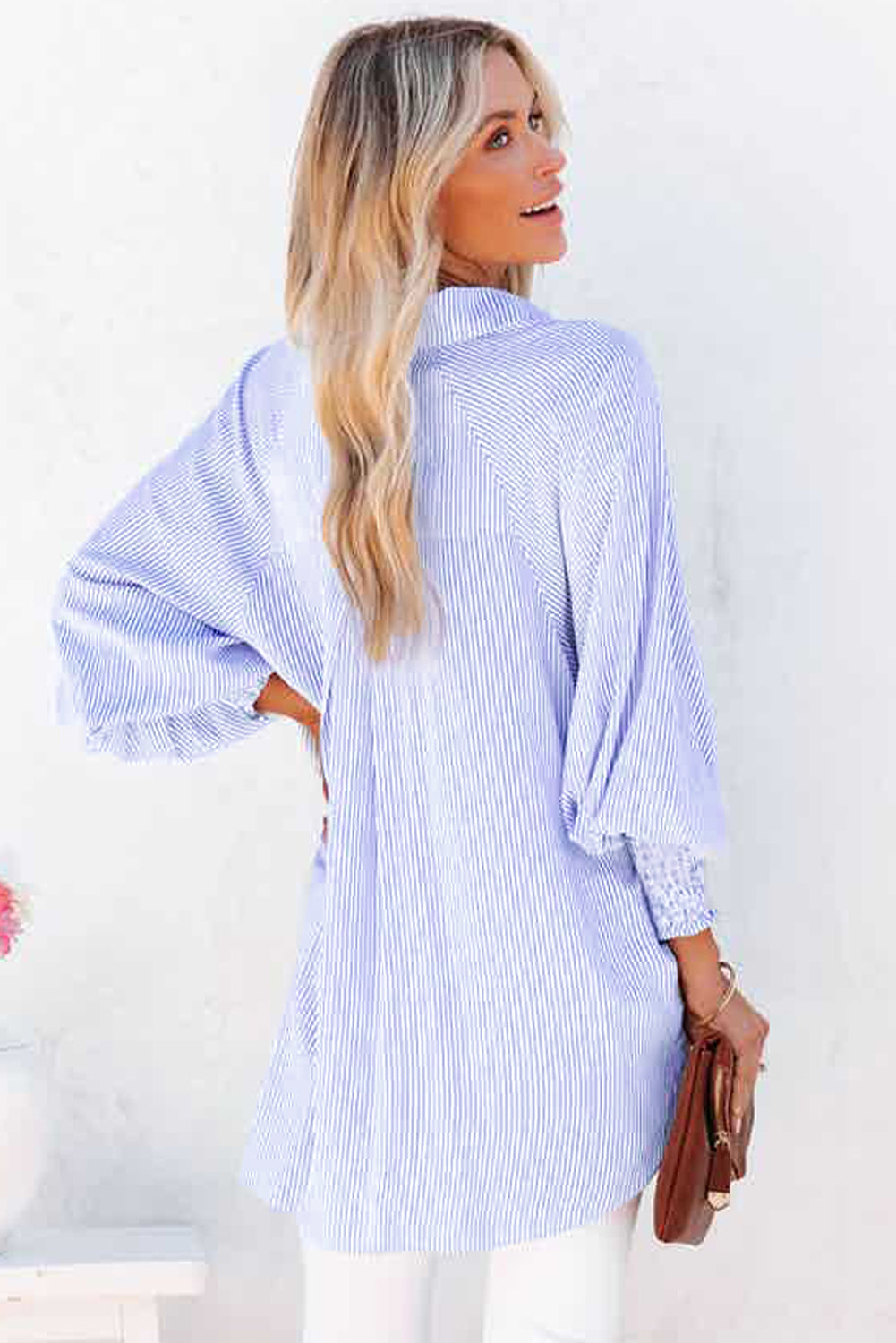 Sky Blue Smocked Cuffed Striped Boyfriend Shirt with Pocket Dear-Lover Dropshipping
