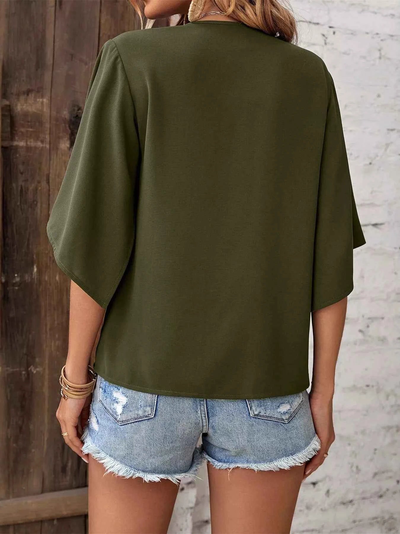 V-Neck Flutter Sleeve Blouse.