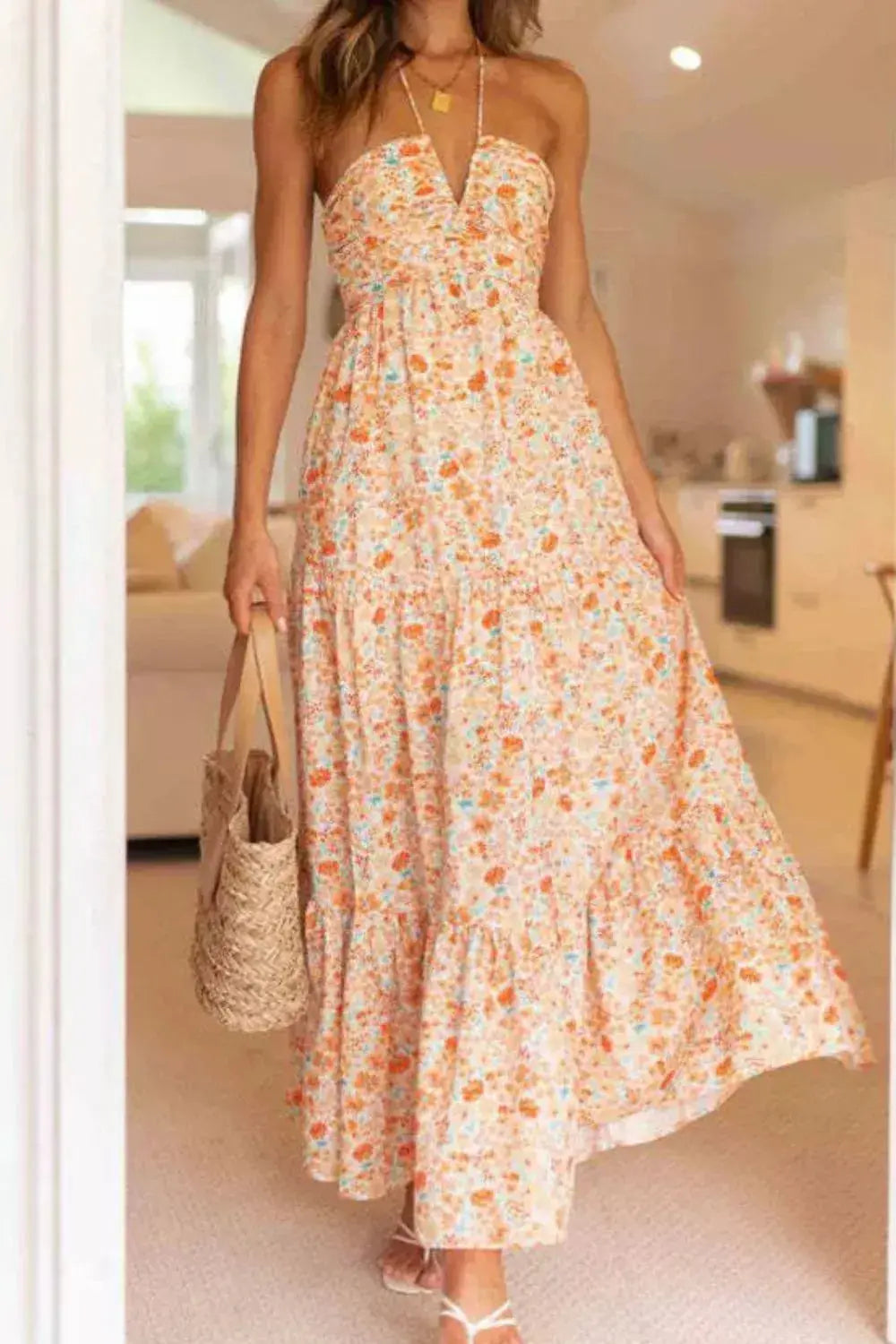 Floral Halter Neck Tiered Maxi Dress.