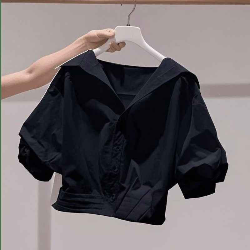 Women's Solid Color Lapel Short-sleeve Shirt