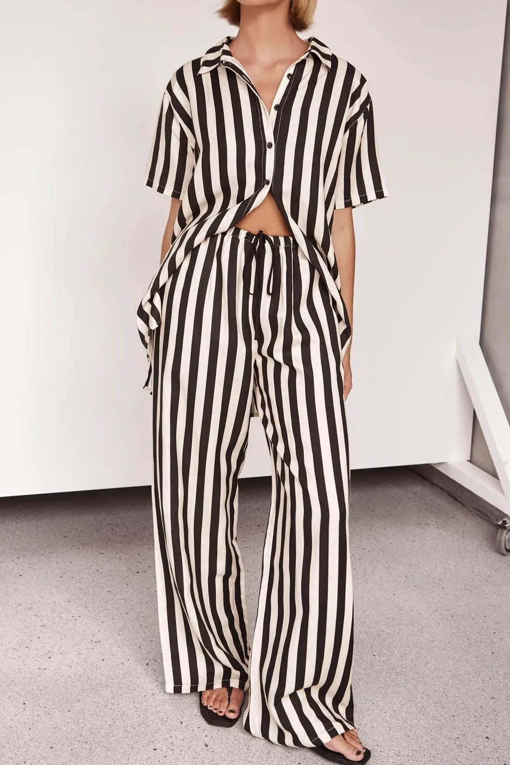Striped Collared Neck Half Sleeve Top and Pants Set - CHIC TB