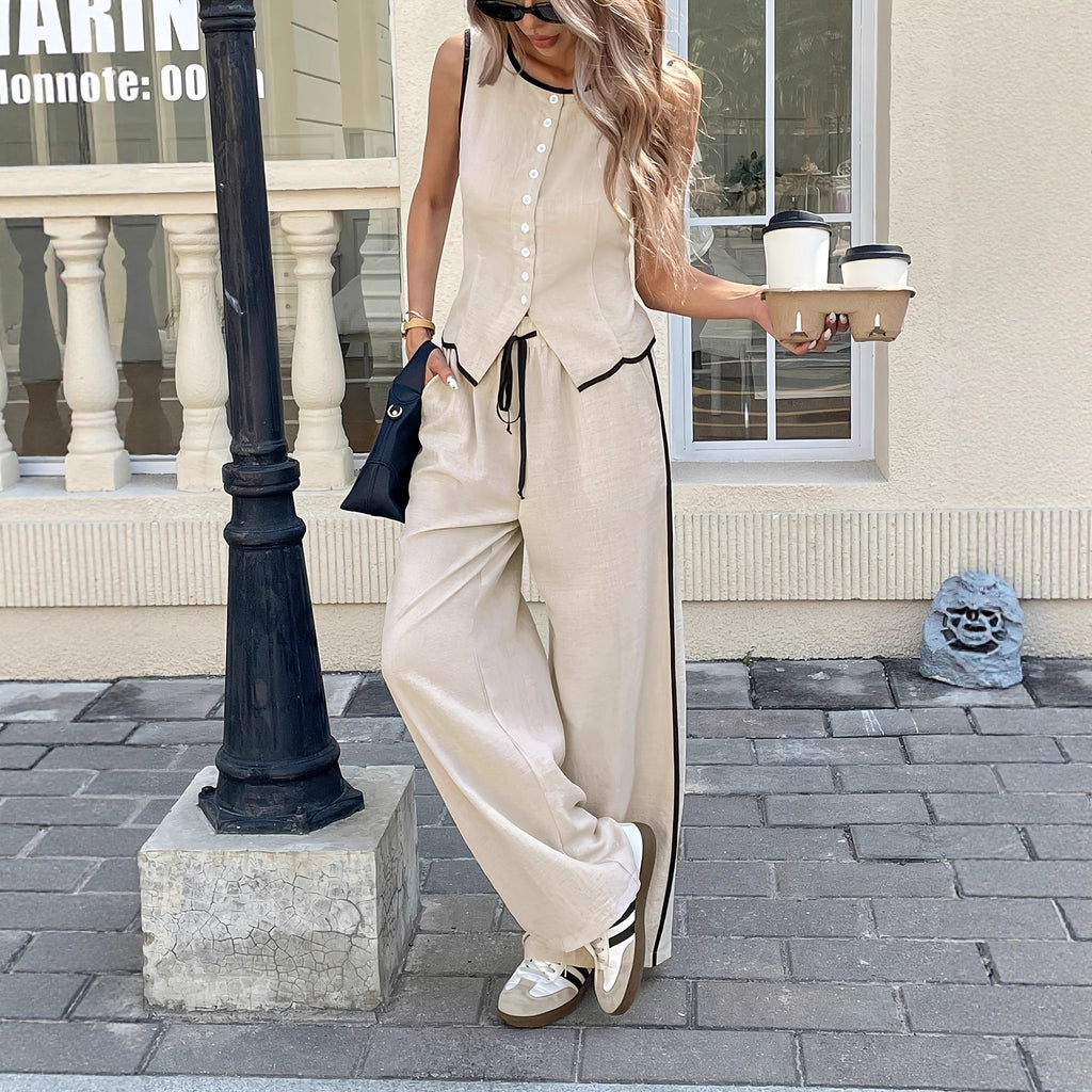 Summer  Export Women's Sleeveless Single-breasted Vest and Drawstring Pants Set