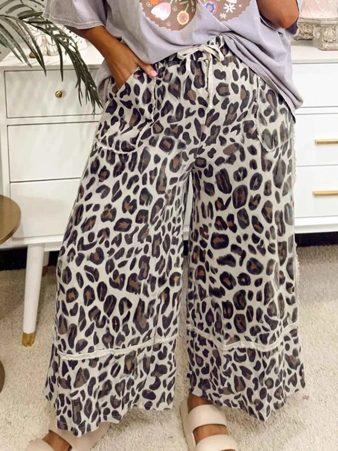 Leopard Print Wide Leg Drawstring Pants.