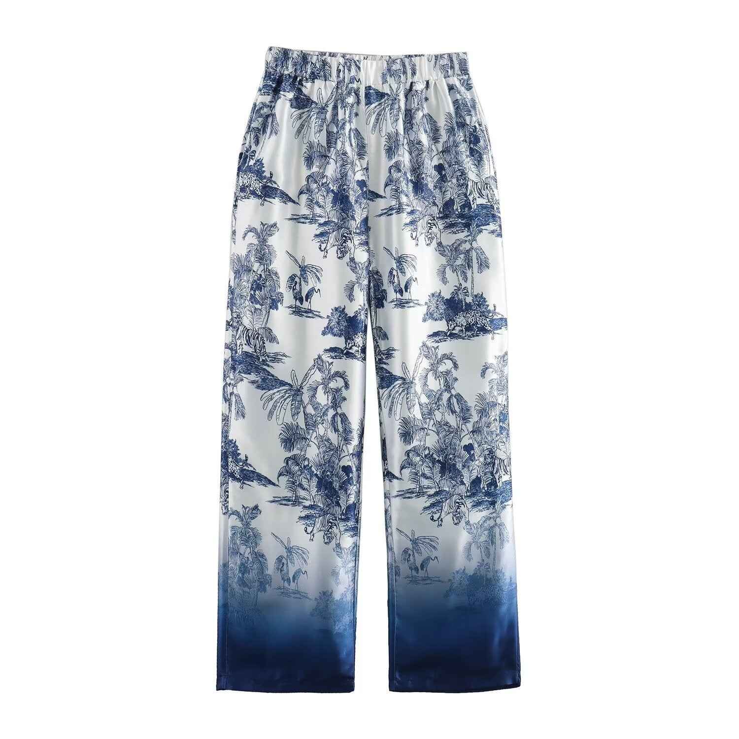 Blue and white printed tree shirt+printed two-piece casual pants set for women