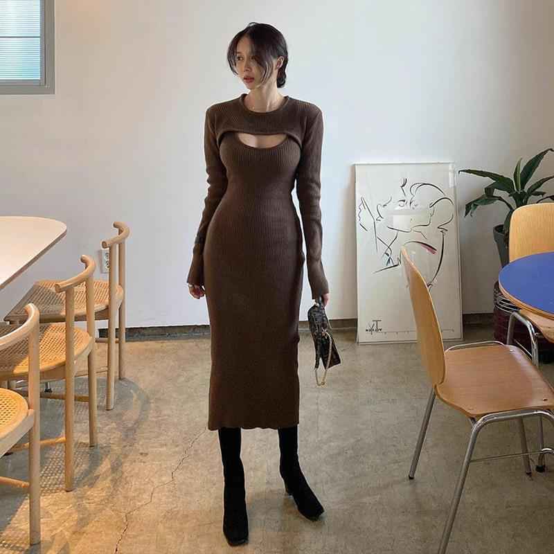 Hollow out shawl sweater slim fit slit suspender dress two-piece set for women