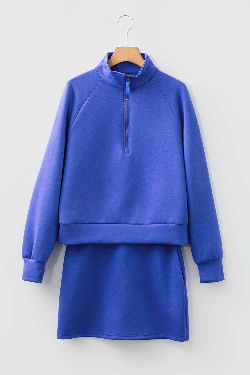 Dark Blue Half Zip Sporty Pullover Mini Skirt 2pcs Outfit