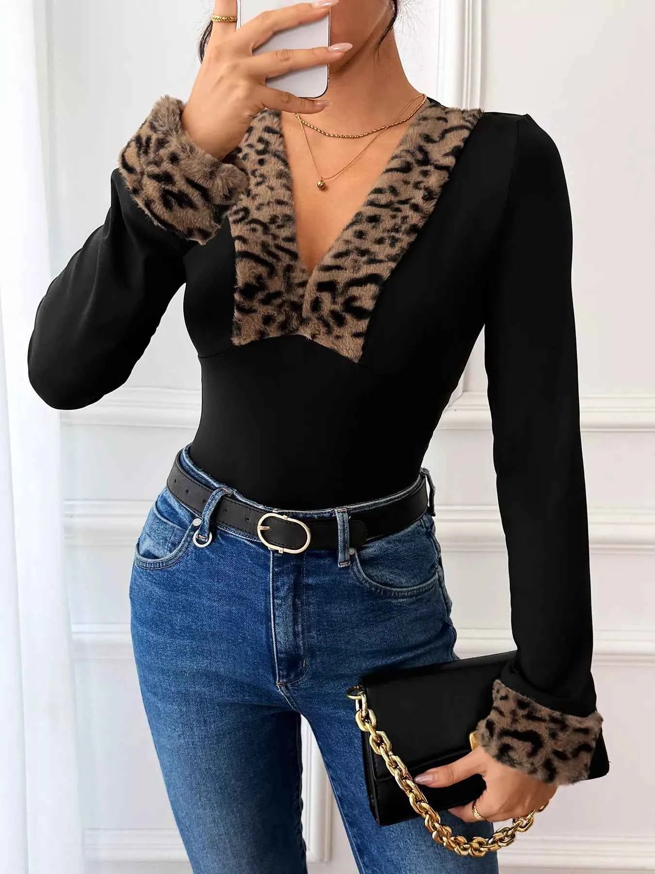 Leopard Trim V-Neck Long Sleeve Bodysuit