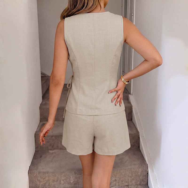Simple and Elegant Solid Color V-Neck Tied Vest + Wide-Leg Shorts Set for Women
