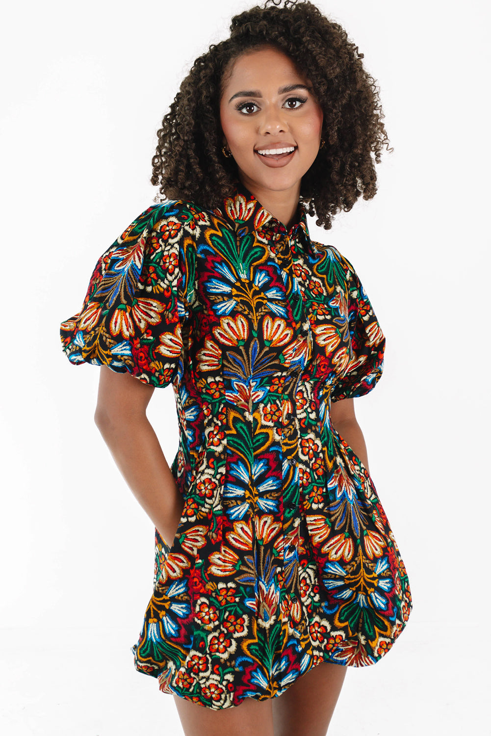 Multicolour Floral Puff Short Sleeve Shirt Mini Dress Dear-Lover Dropshipping