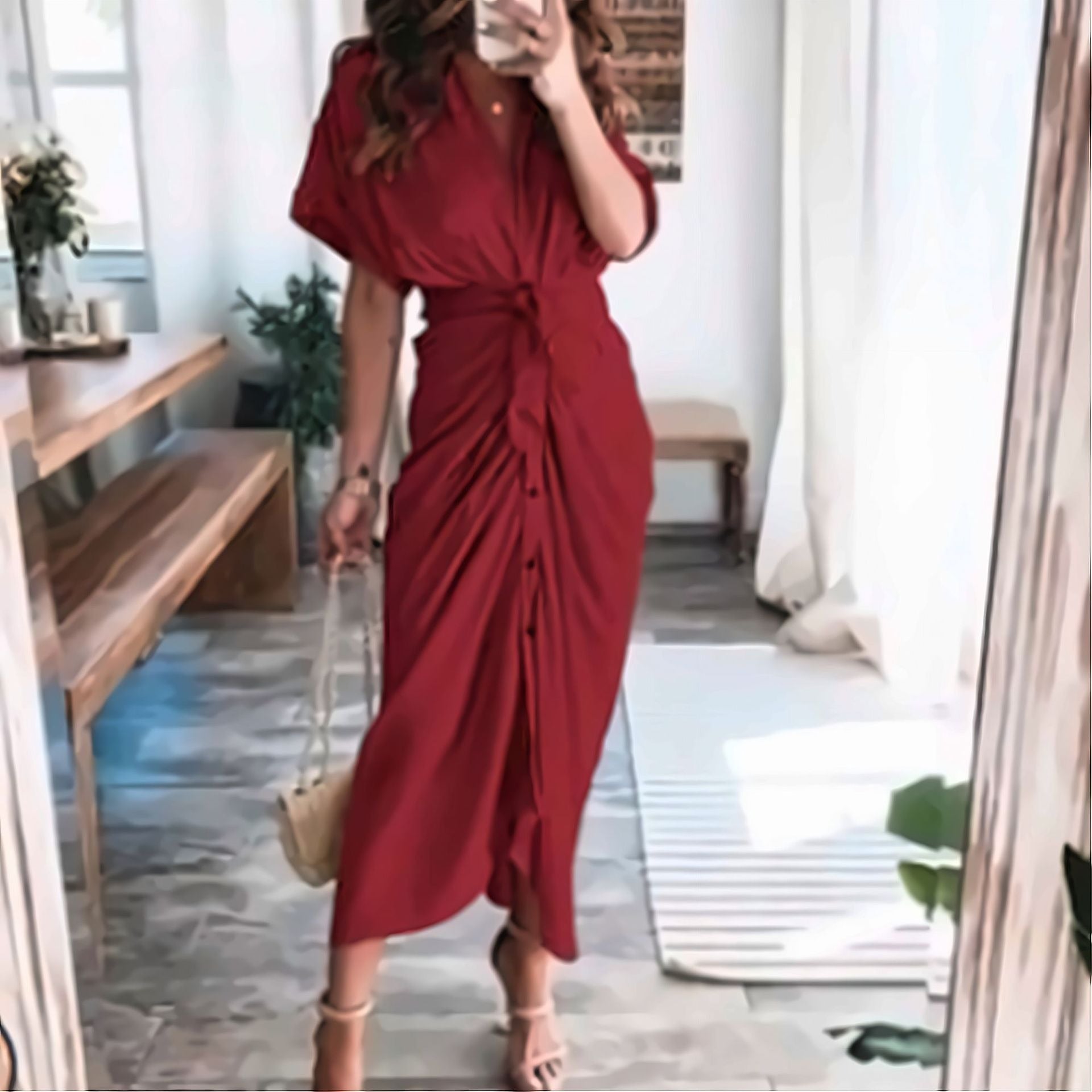 Autumn new short sleeved temperament commuting high waisted printed long dress