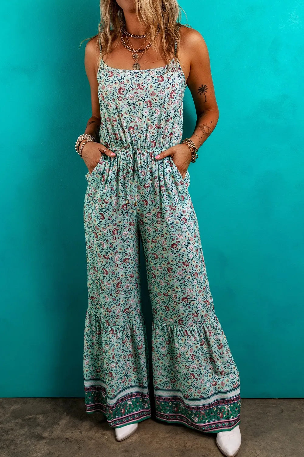 Bohemian Floral Ruffle Bottom Spaghetti Strap Jumpsuit.