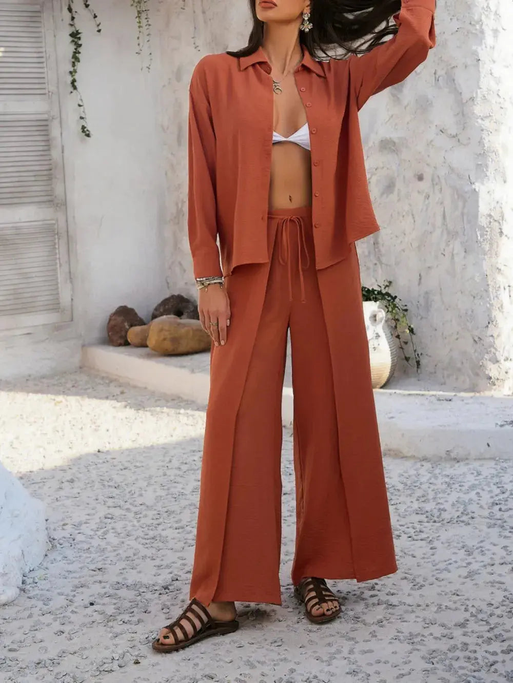 Long Sleeve Top and Wide Leg Pants Set WOMEN.