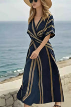 Women Striped Wrap Maxi Dress Half Sleeve Casual Long Sundress