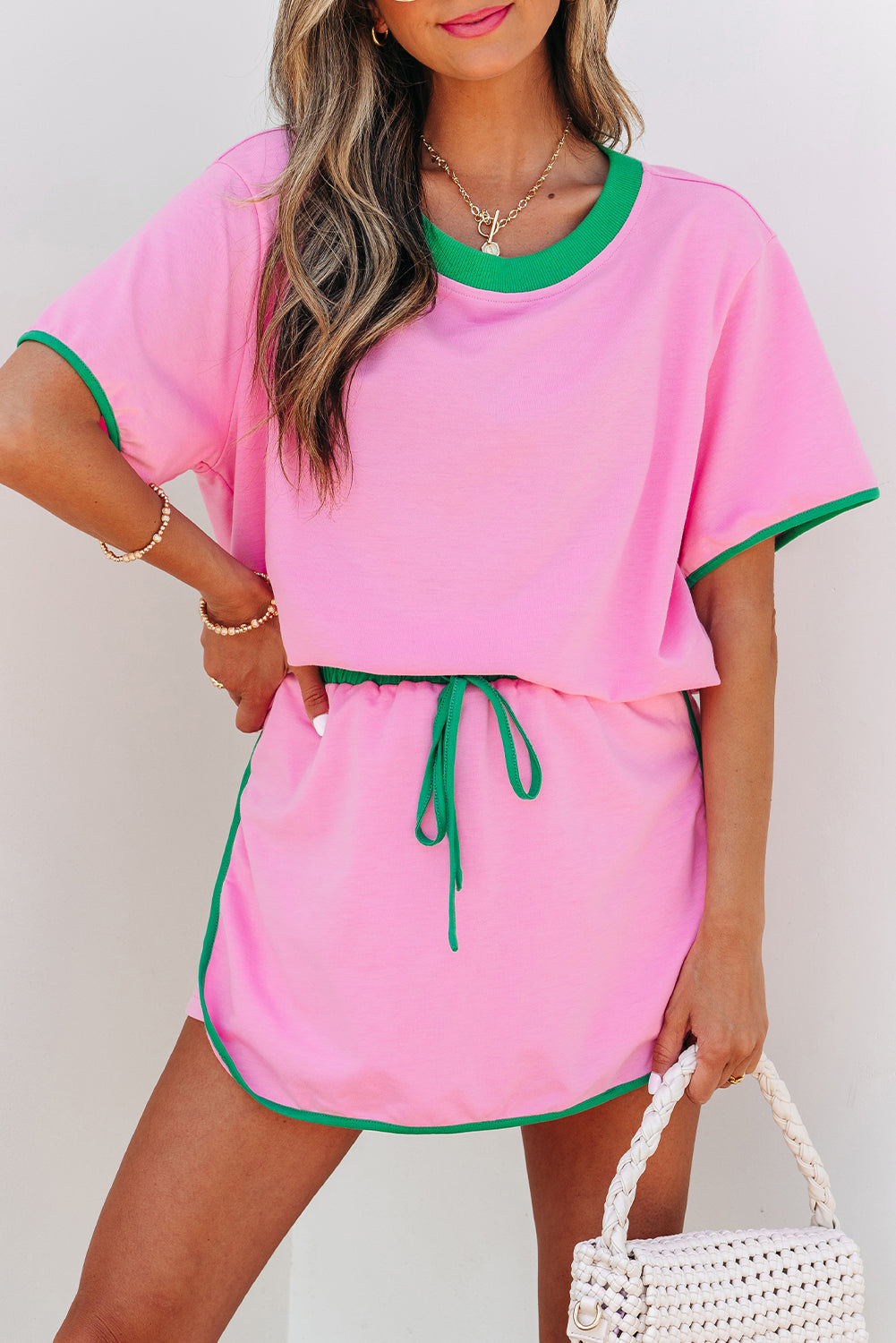 Bonbon Colorblock Edge Drop Shoulder T Shirt and Skort 2Pcs Set Dear-Lover Dropshipping