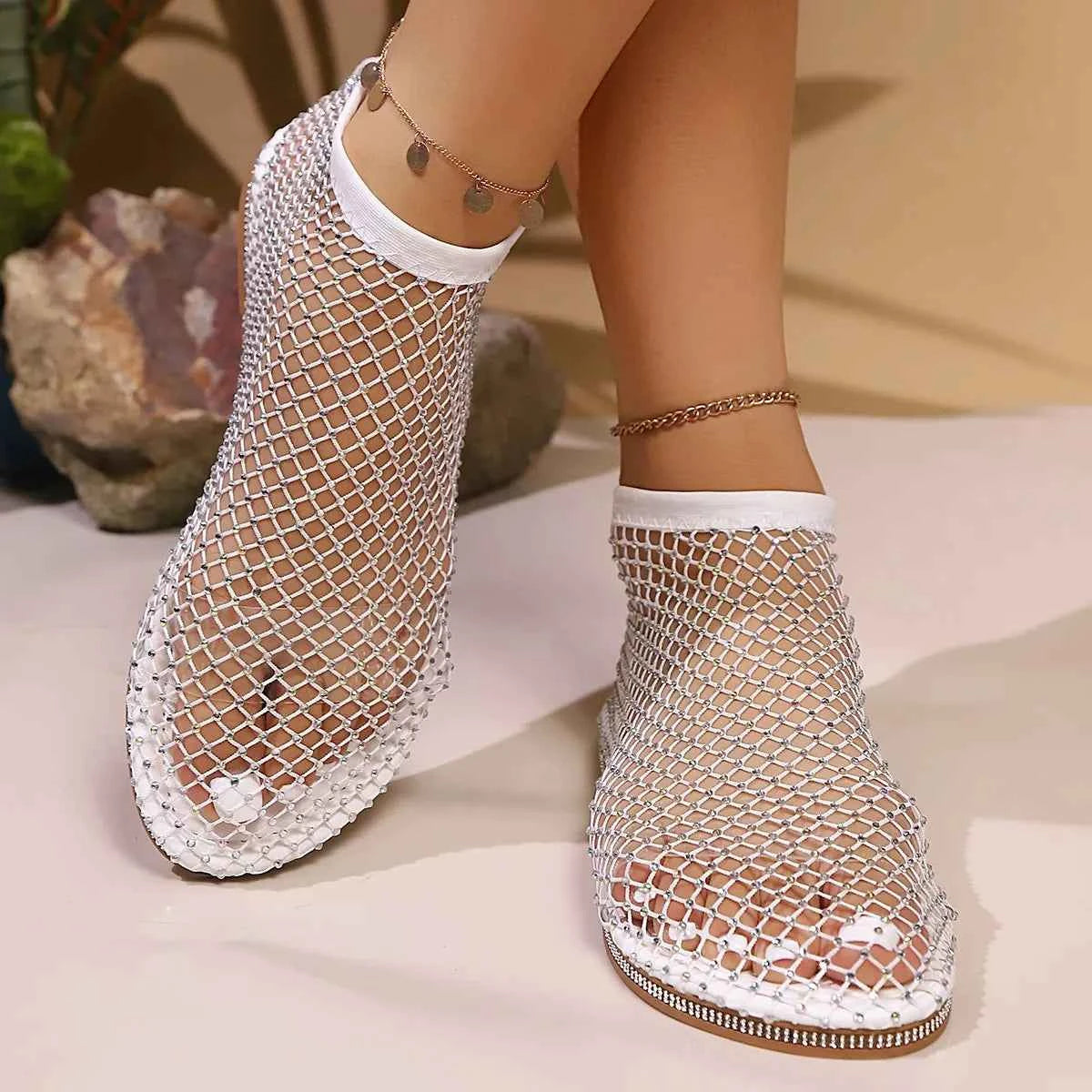 Rhinestone Mesh Flat Sandals.