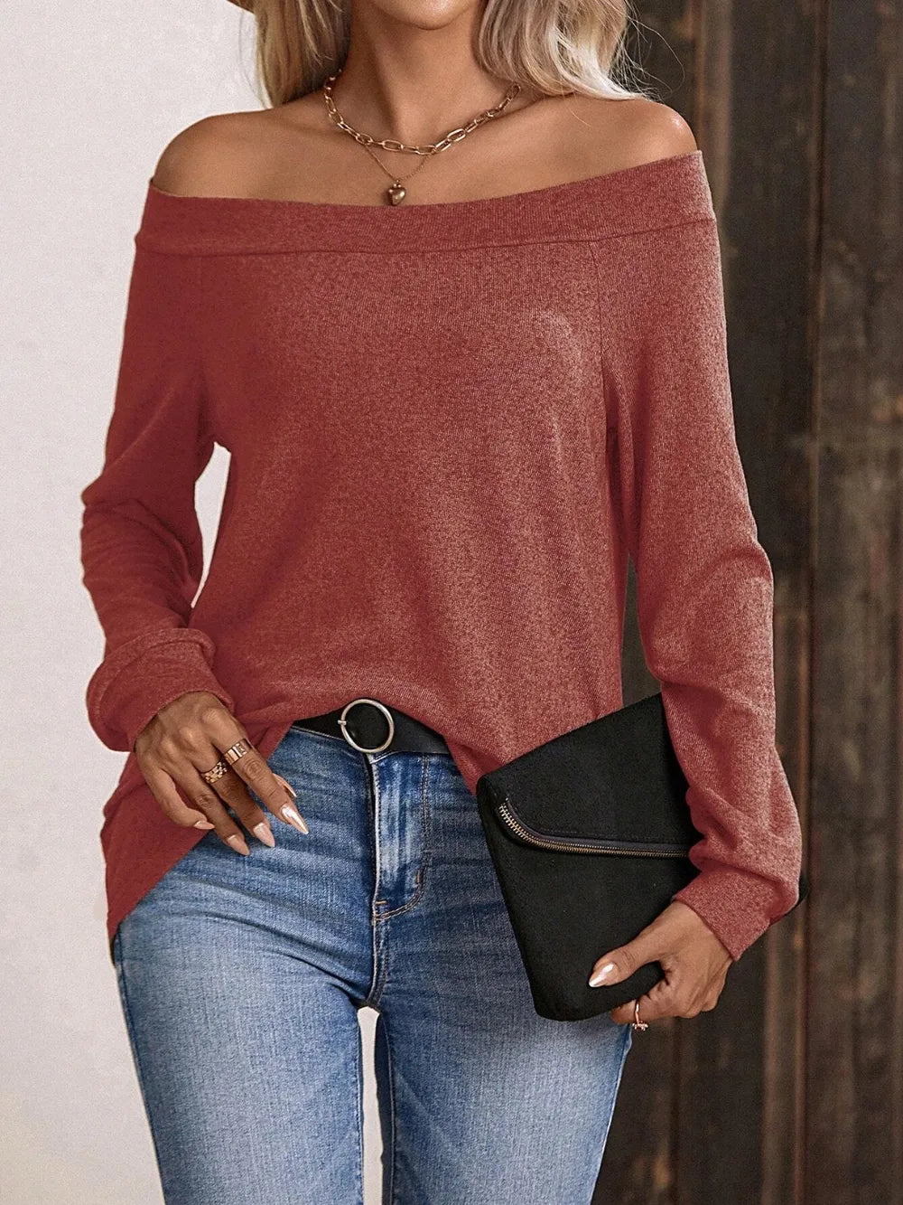 Off-Shoulder Long Sleeve T-Shirt.