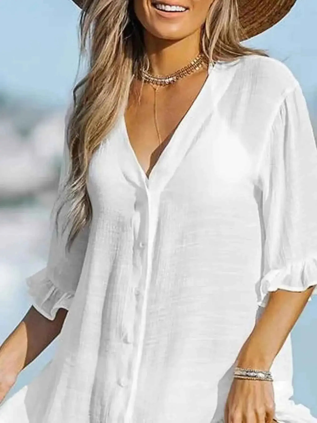 V-Neck Button Down Beach Cover Up Dress.