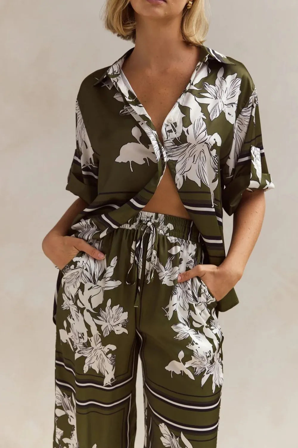 Printed Button Up Shirt and Pants Set - CHIC TB