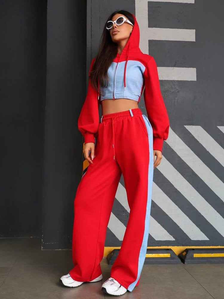 Fashion Casual Sweater Suit Denim Stitching Hooded Top And Trousers Women's Clothing