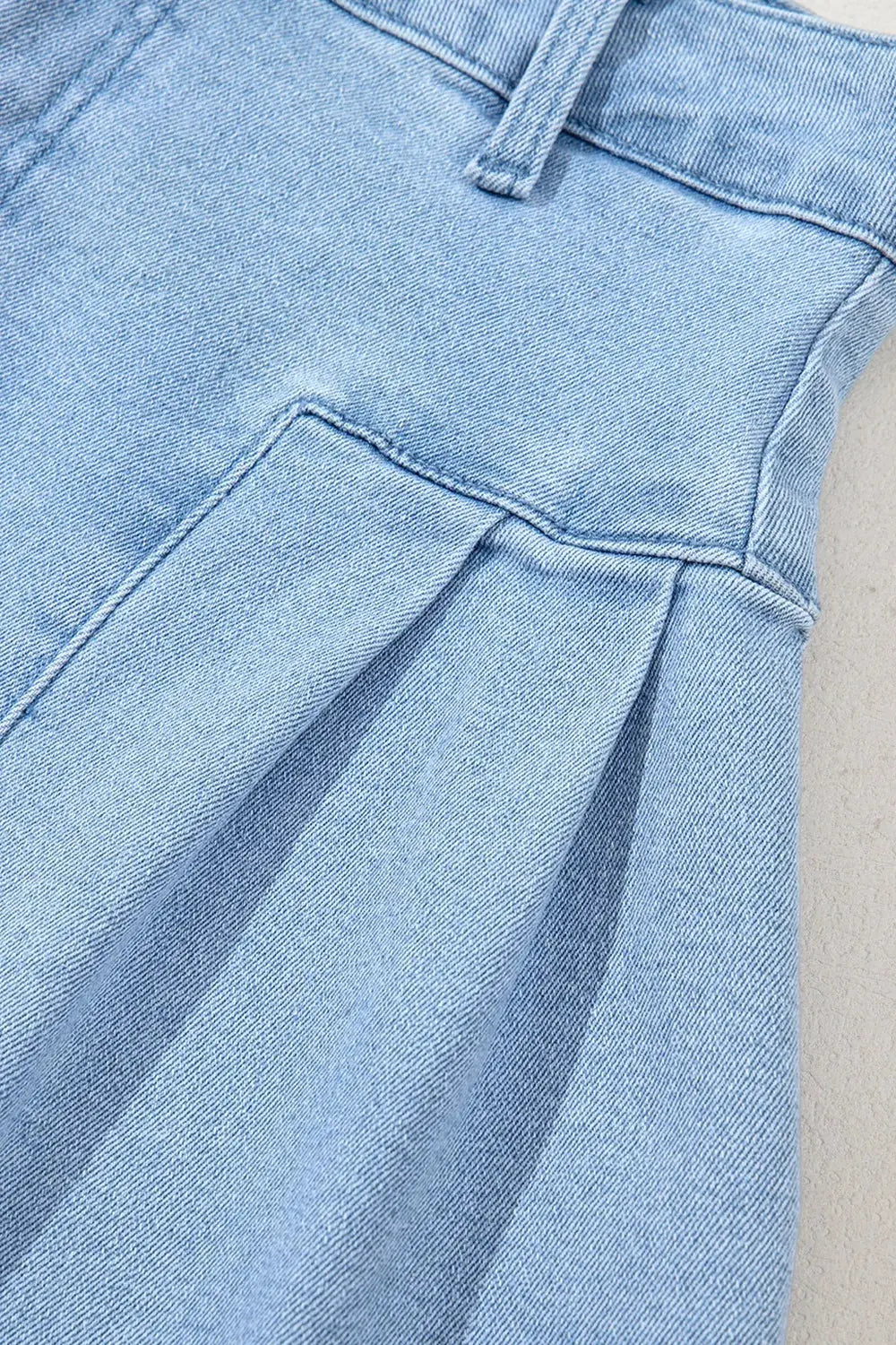 Pleated Patchwork Panel Lightweight Denim Shorts.