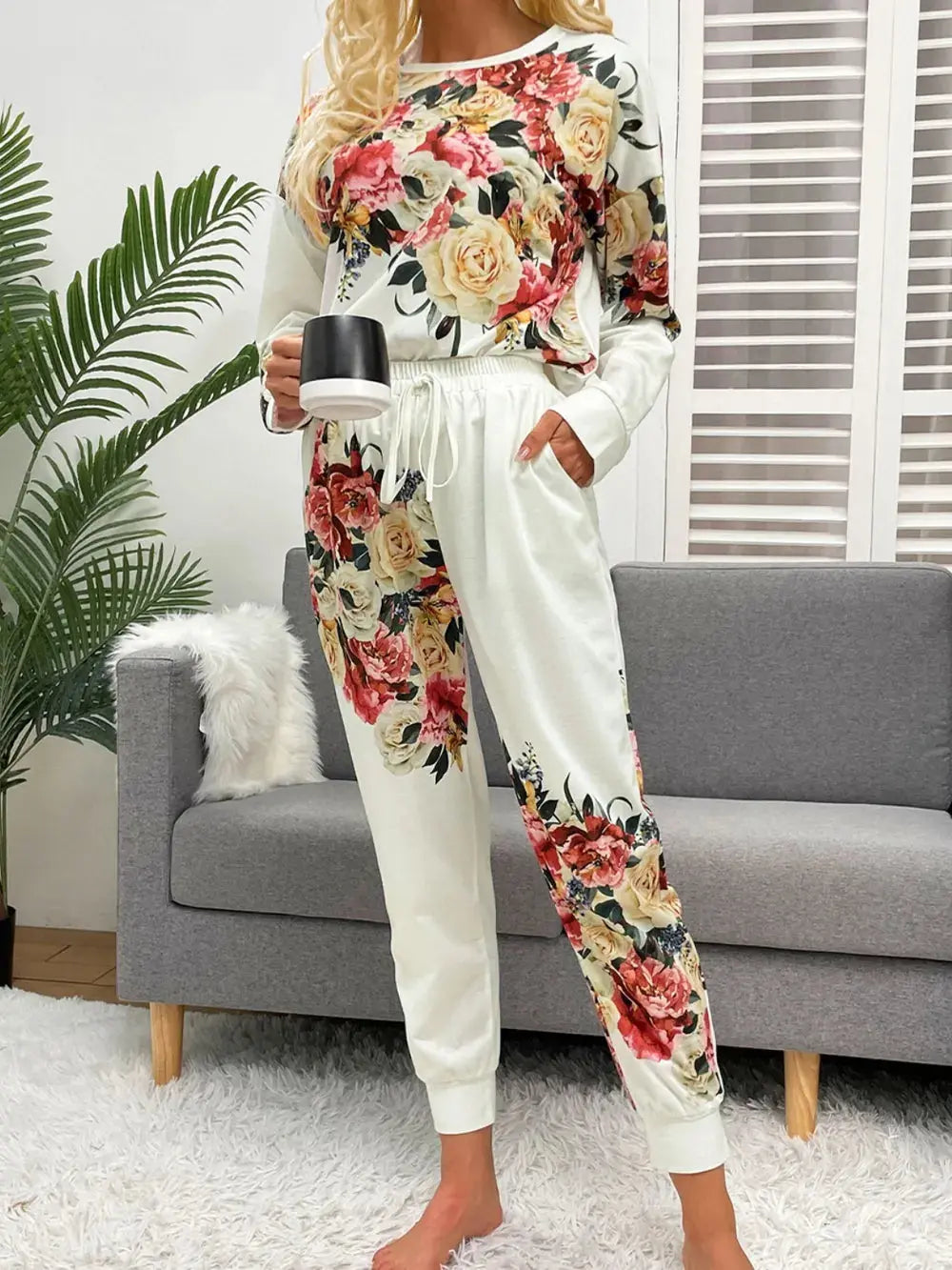 Shiny Printed Round Neck Top and Pants Lounge Set.