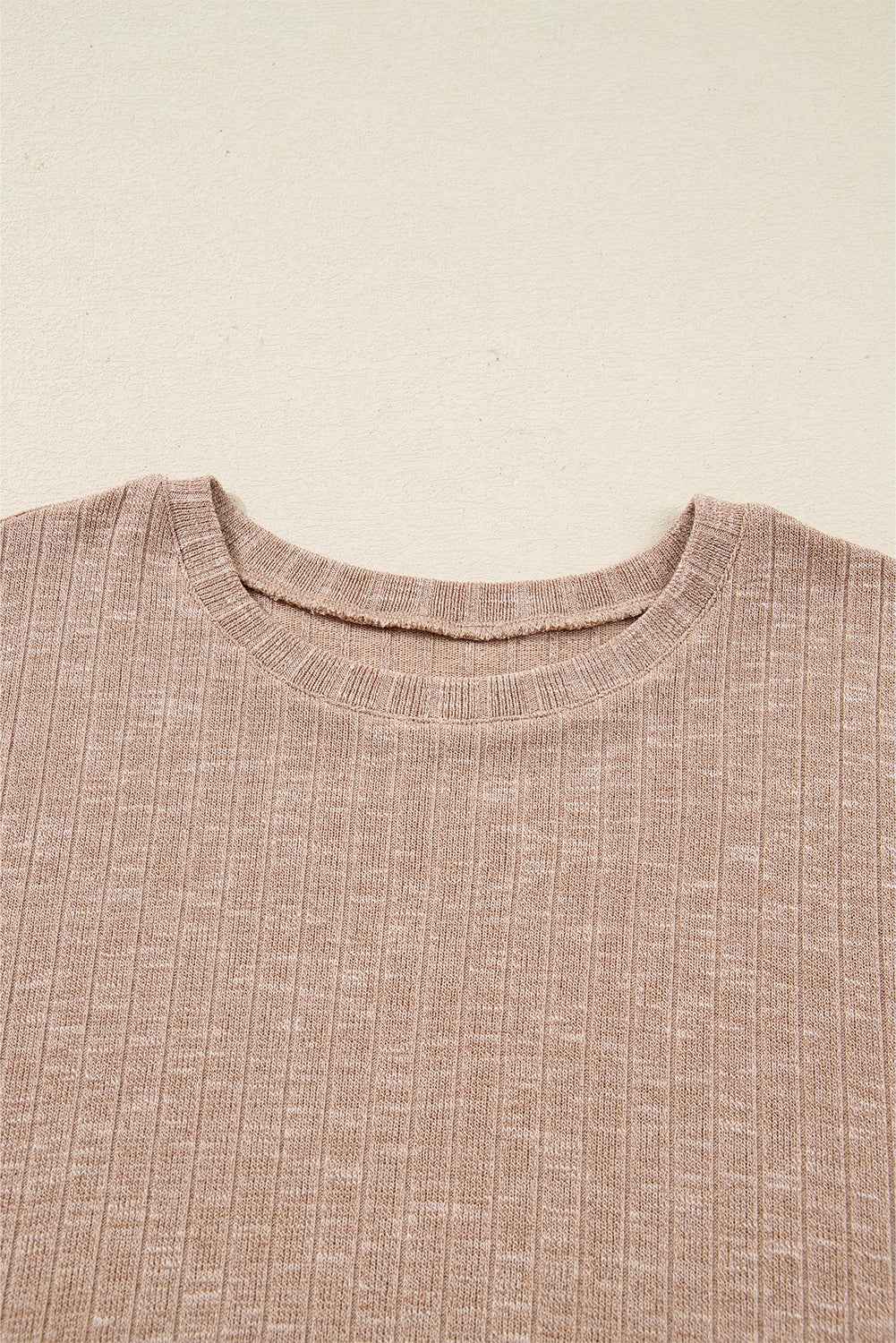 Dark Khaki Ribbed Balloon Sleeve Pullover Top and Biker Knitted Short Set